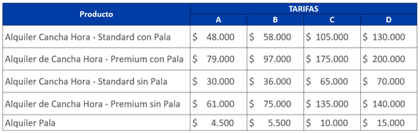 tarifas padel